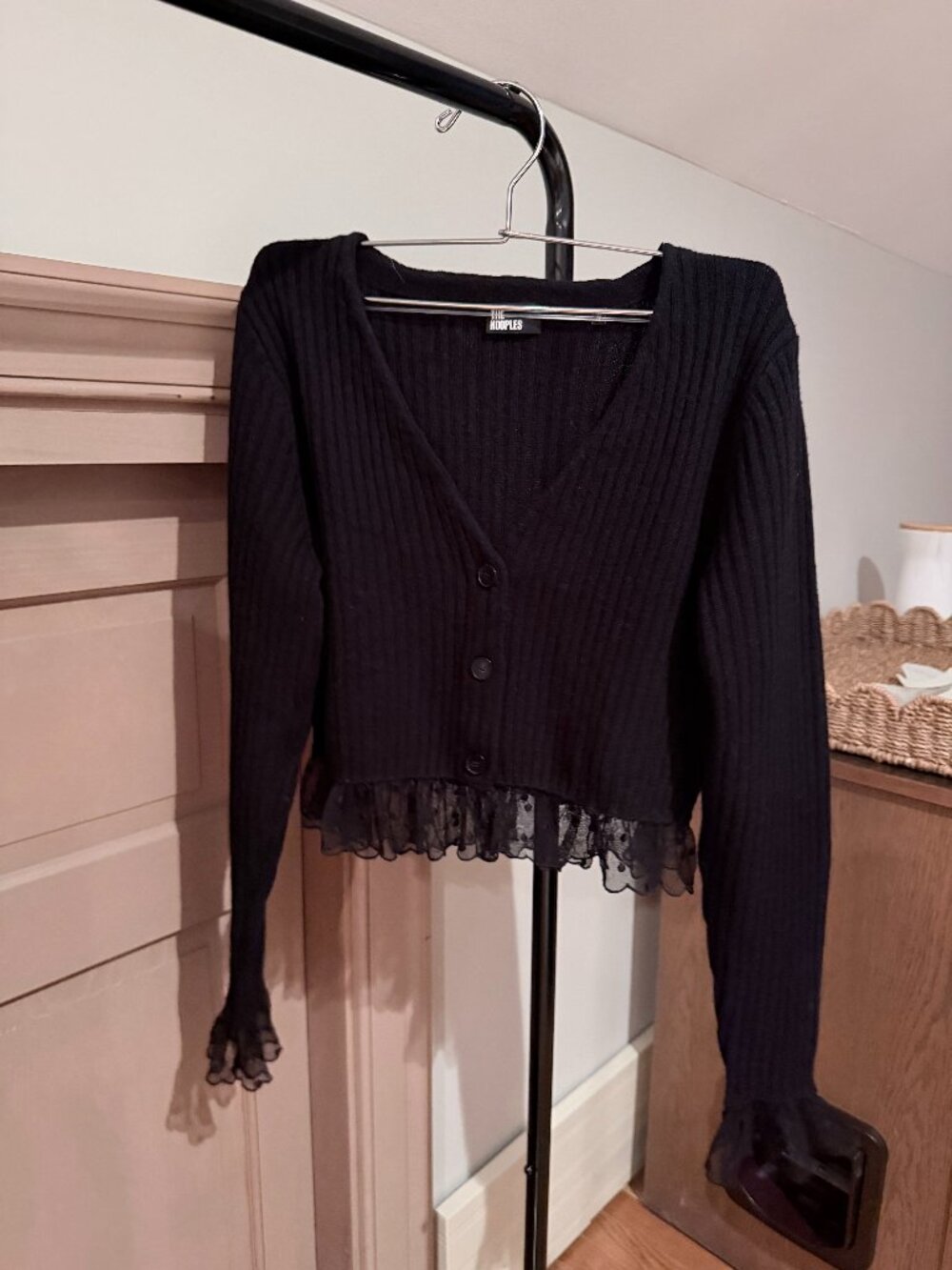 The Kooples Black Merino Wool Lace Trim Cardigan XS